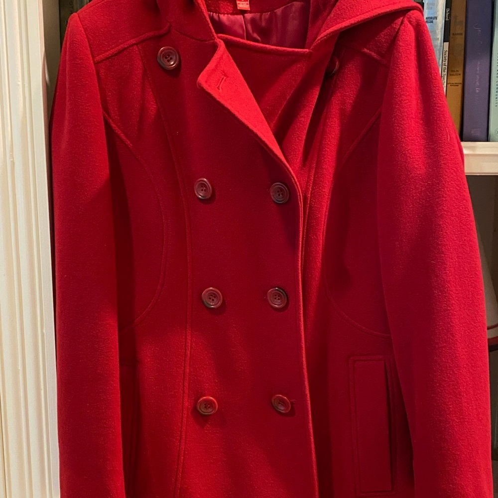 Anne Klein Red Pea Coat Classic Double-Breasted Design